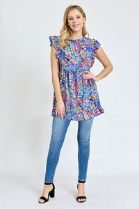 Ruffle floral leaf woven tunic top