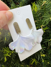 Load image into Gallery viewer, Iridescent Ginkgo Leaf Acrylic Statement Earrings