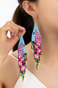 Blue and fuchsia flower seed bead drop earrings